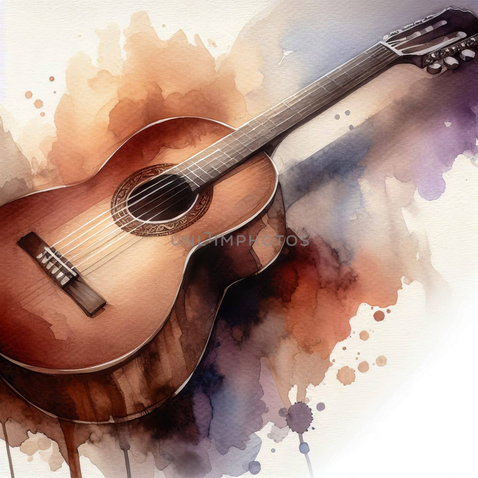 An image of an acoustic guitar in a watercolor style.