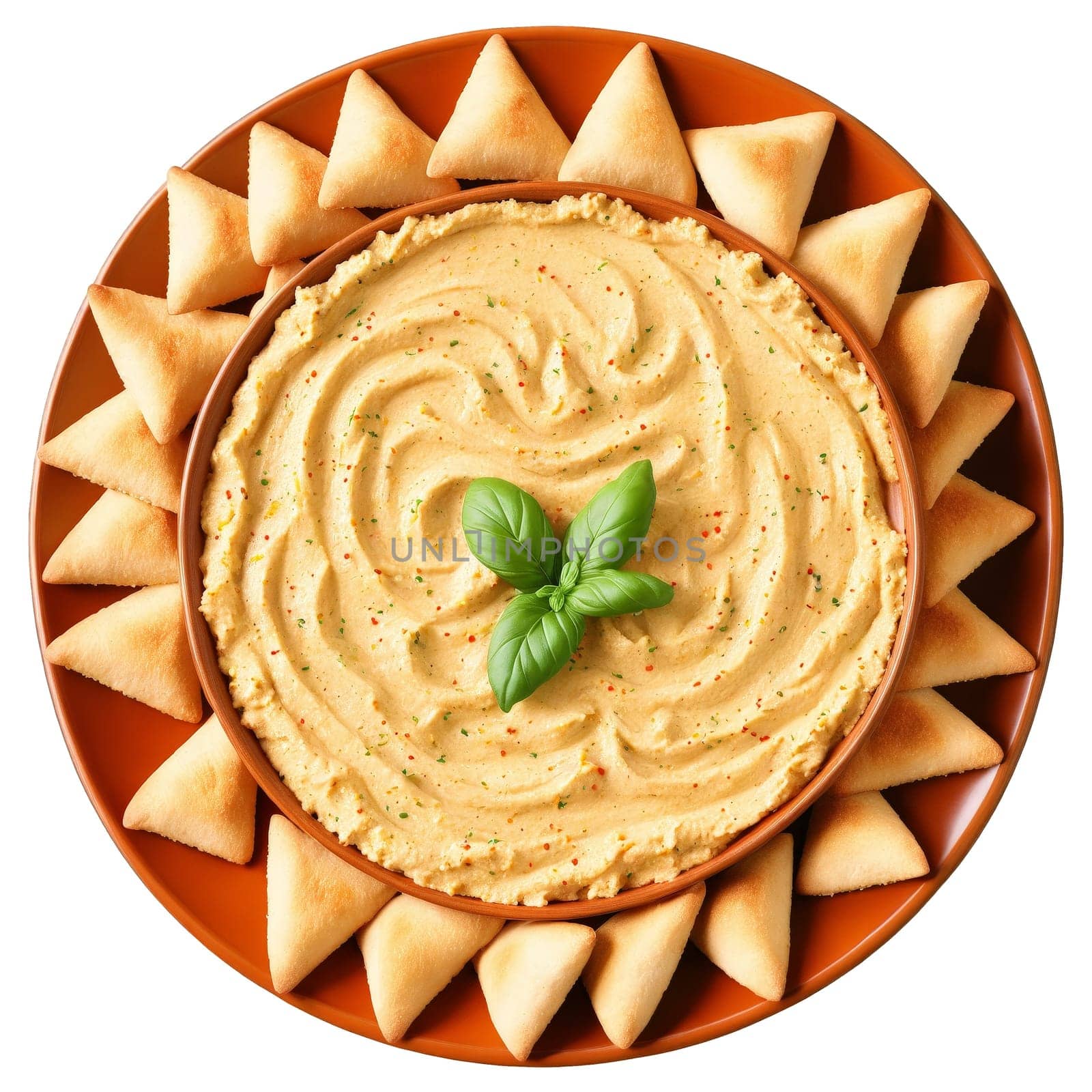 Hummus platter creamy beige chickpea dip swirled paprika sprinkled pita triangles isolated on transparent Food. Food isolated on transparent background.