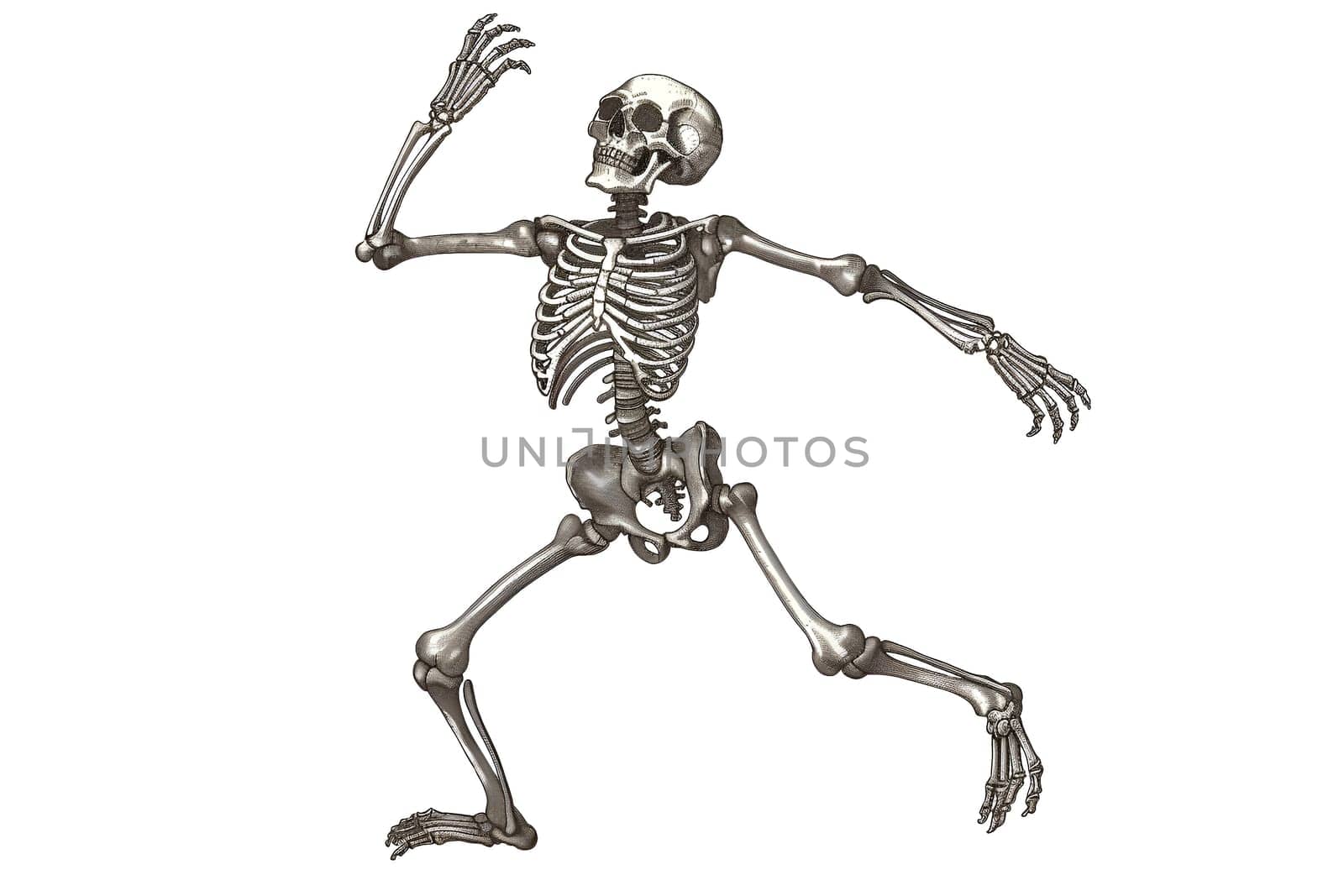 A skeleton is shown in a pose, with its arms raised and its hands clasped together. The skeleton appears to be in a playful or lighthearted mood, as if it is waving to the viewer
