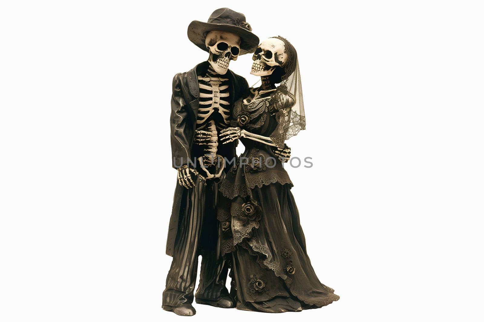 A couple of skeletons dressed in black and white clothing are holding hands cut out