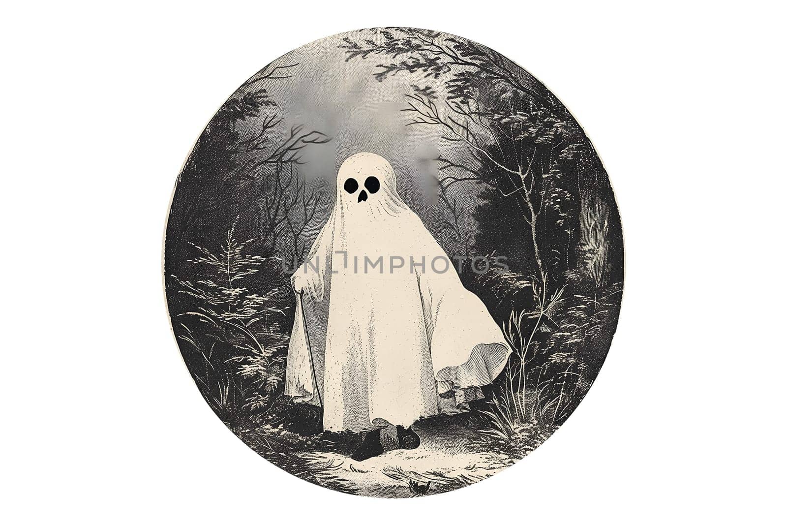Creepy spooky ghost cut out isolated black and white vintage illustration