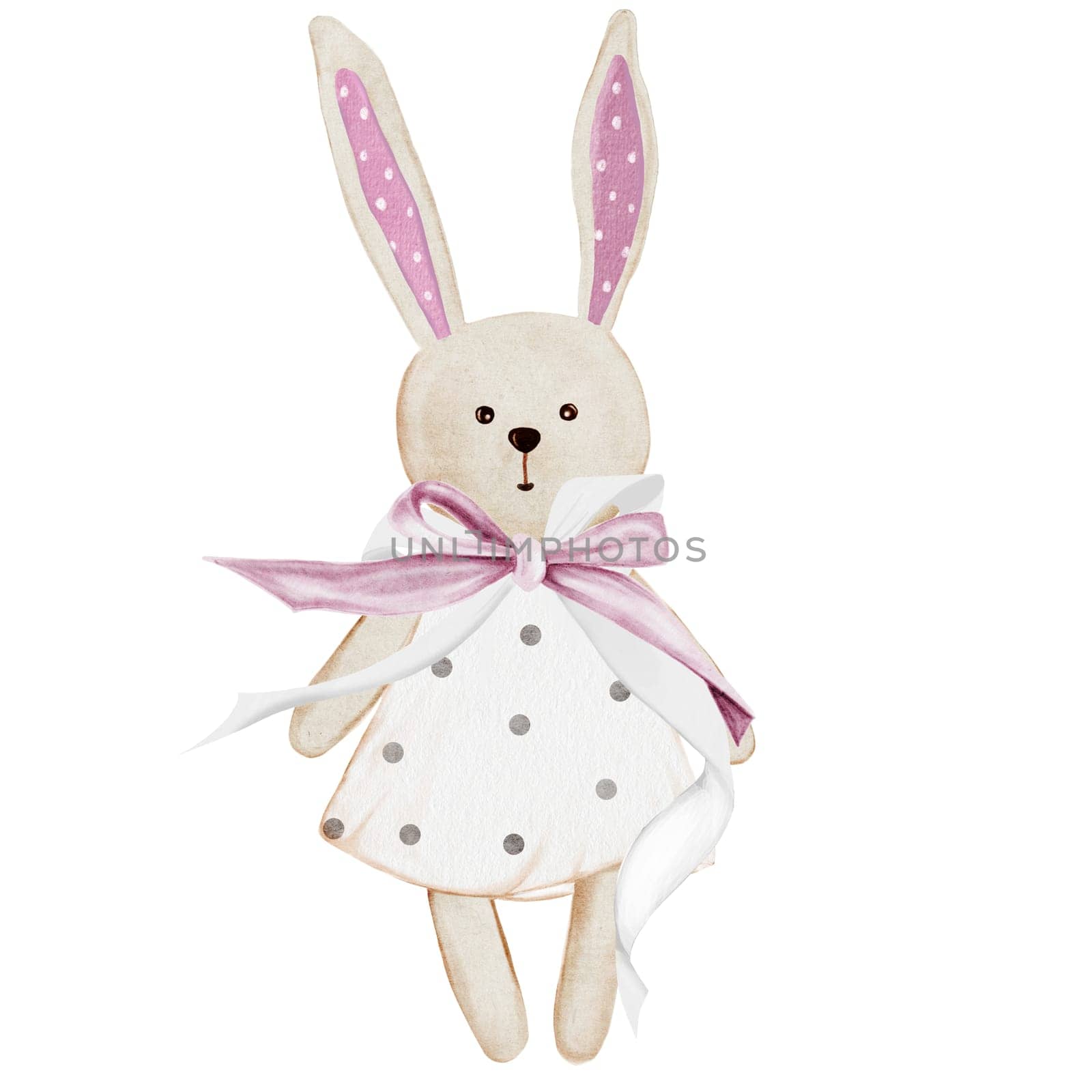 Bunny watercolor. Hand drawing of a cute retro toy rabbit in a dress with a pink bow. Clip art isolated on white background funny hare. Ideal for decorating children's rooms, posters and baby shower cards. Coquette style toy