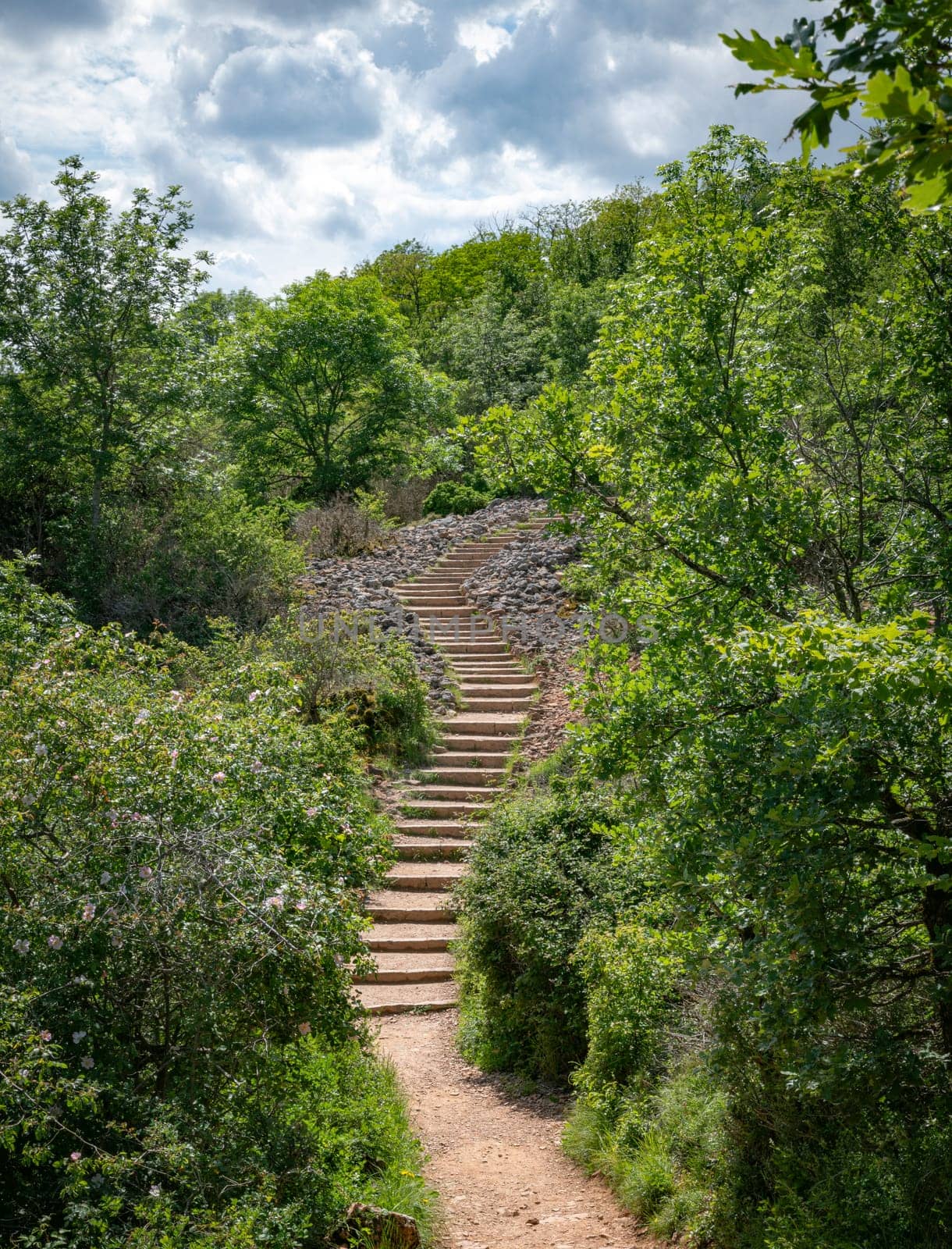 the hiking trail with steep steps up to the top of the Roche de Solutre to the giant rock to climb Burgundy, France
