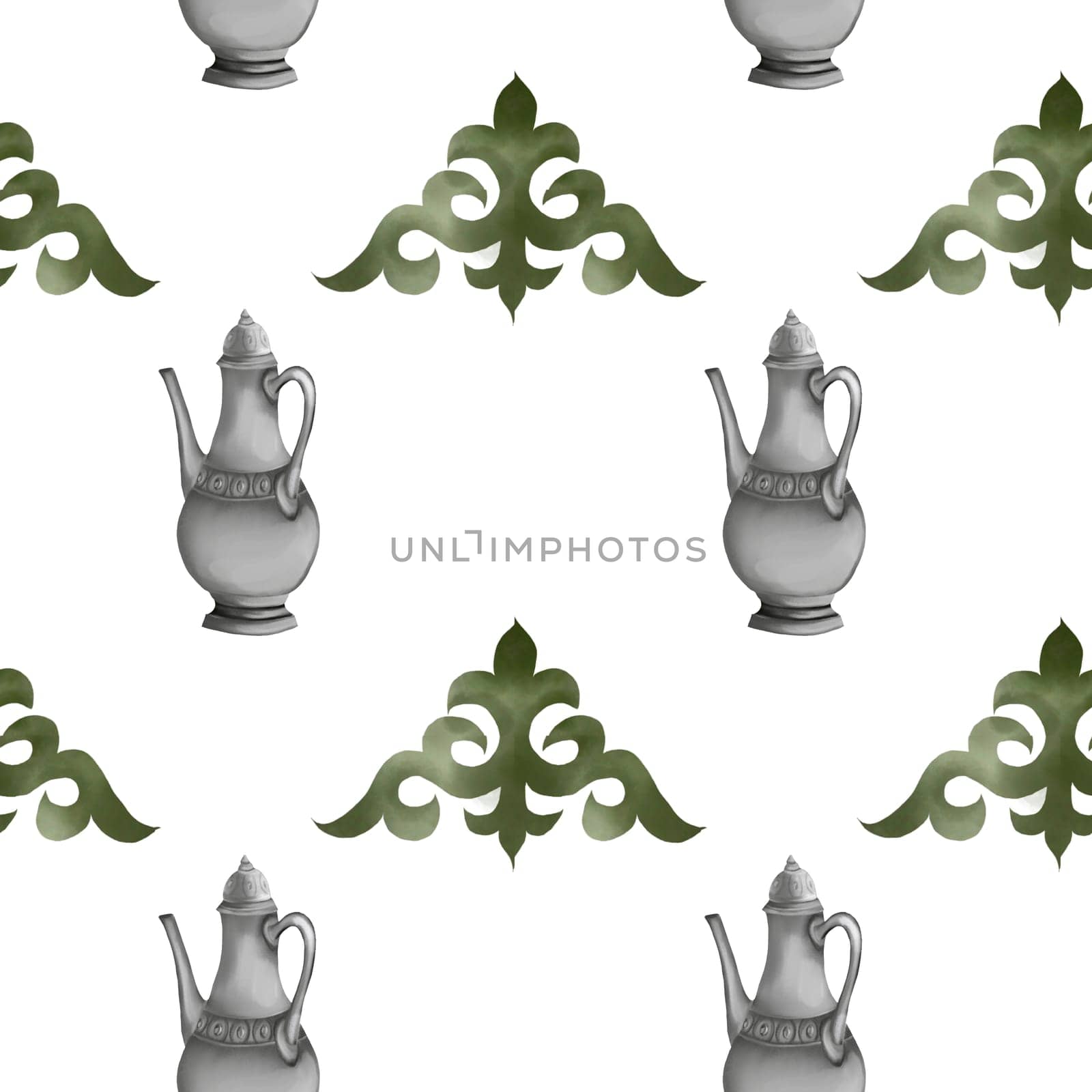 Kazakh national print. Seamless watercolor pattern with ornaments and jugs. For printing on fabrics, packaging paper, bags, shopping bags. High quality illustration