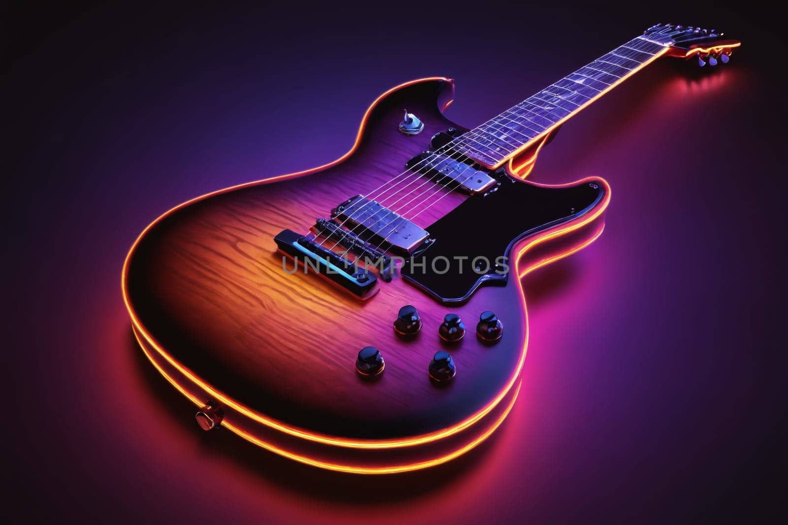 Vibrant neon colors paint a majestic guitar, illustrating the fusion of art and the rhythm of strings.