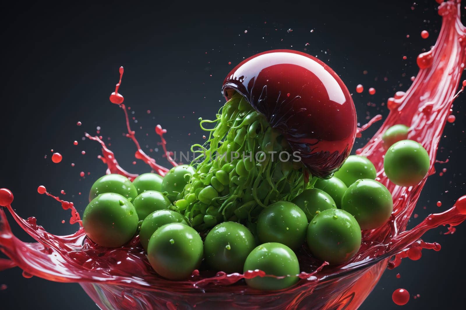 Spheres reflect and refract light as they dive into a splash of purple, red, and orange liquids in a moment frozen in time.