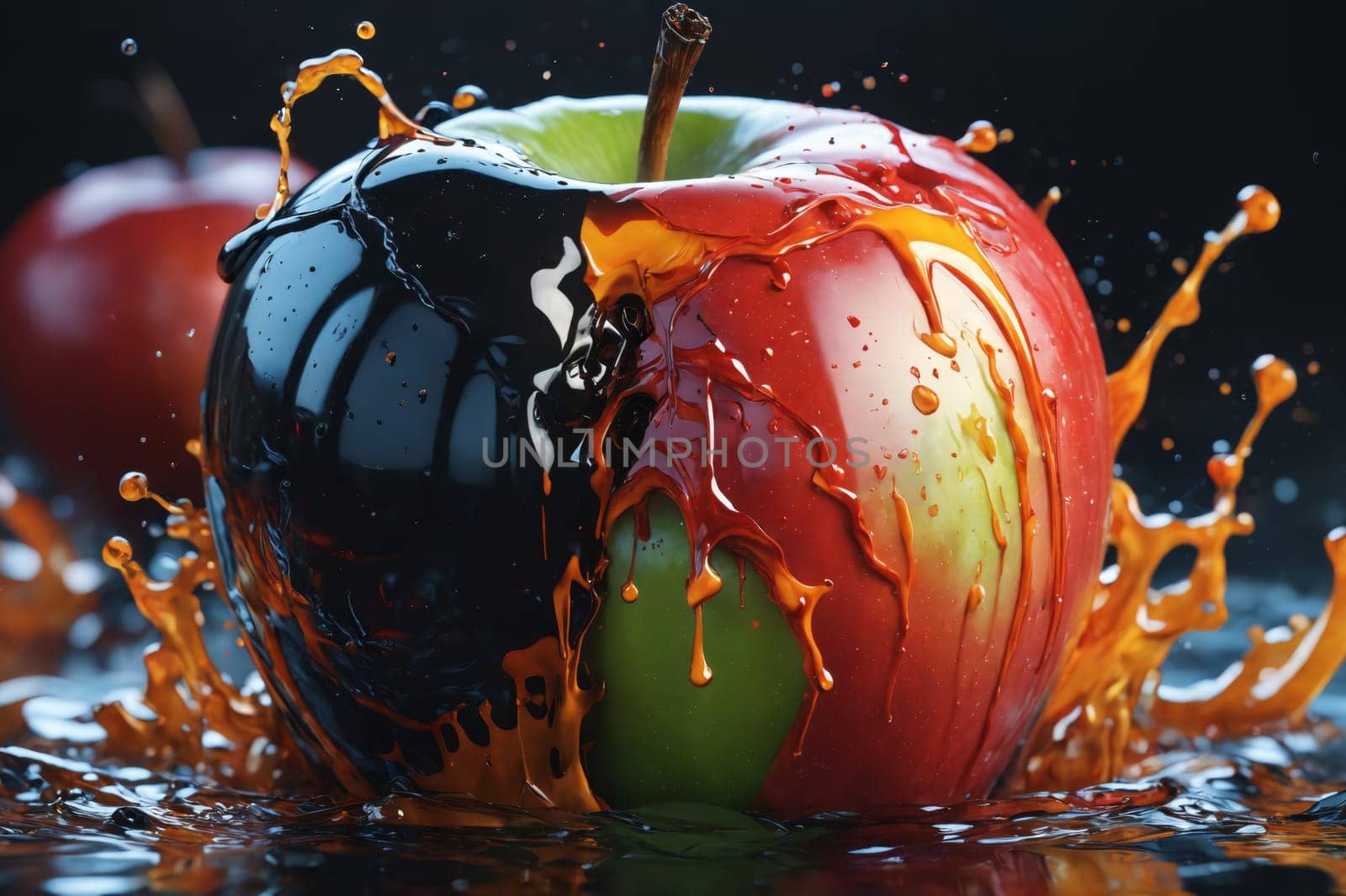 Surreal and artistic, an apple is caught in a mesmerizing splash of glossy, multicolored paint droplets.