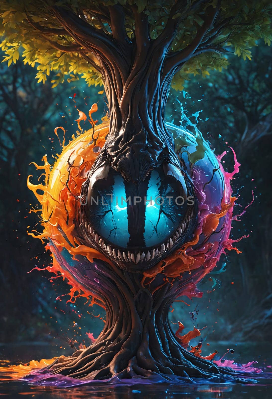 The eerie beauty of a monstrous tree emerges from liquid ripples, its branches ablaze with autumn hues against a surreal sky.