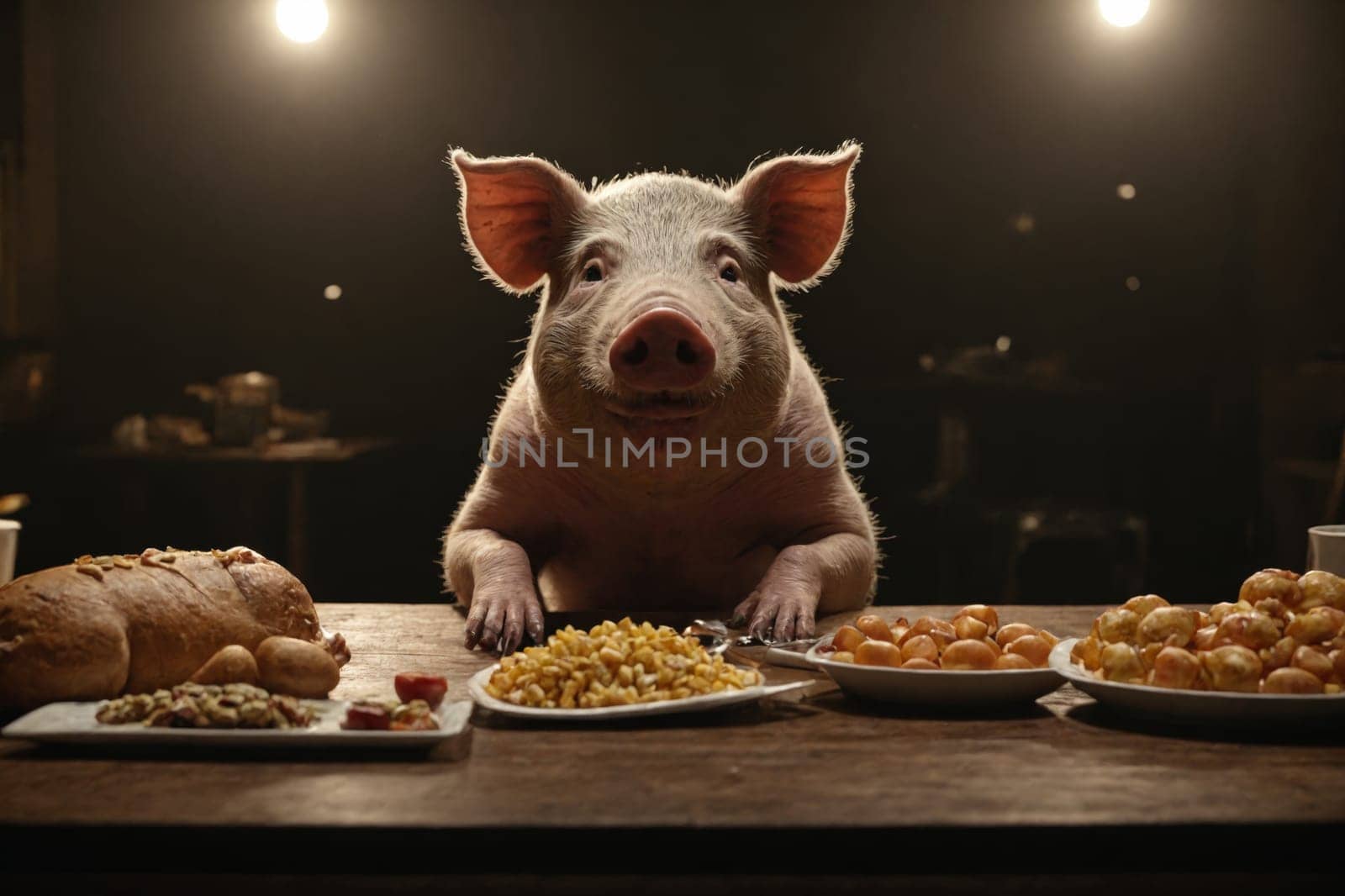In a scene blending whimsy with tradition, a pig appears as an unexpected diner at a rustic table of various dishes.