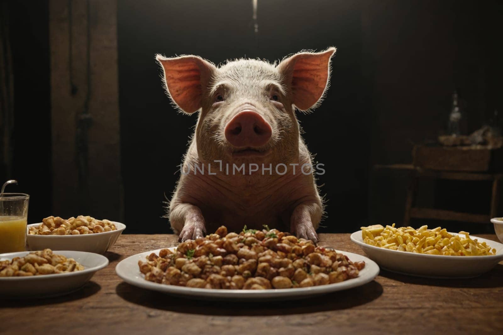 A playful pig is perched on a table surrounded by an array of delectable dishes. The pig appears to be eyeing the food with curiosity and perhaps a hint of mischief.