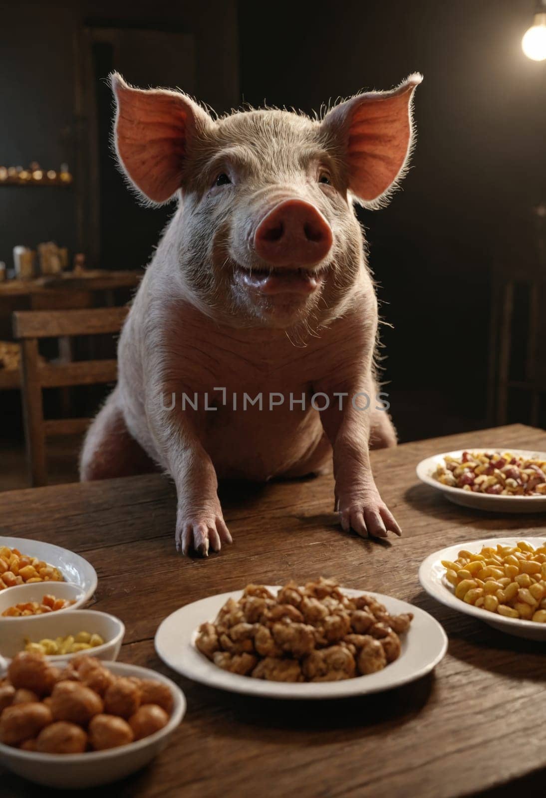 A playful pig is perched on a table surrounded by an array of delectable dishes. The pig appears to be eyeing the food with curiosity and perhaps a hint of mischief.