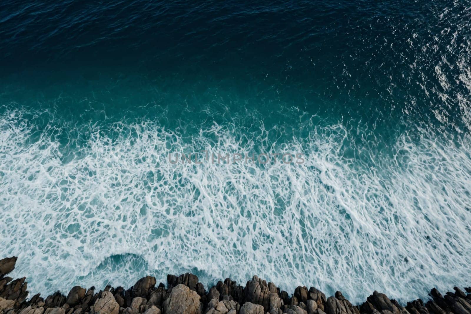 An aerial snapshot captures the dynamic interaction of deep blue waves with the intricate patterns of a rocky coast.