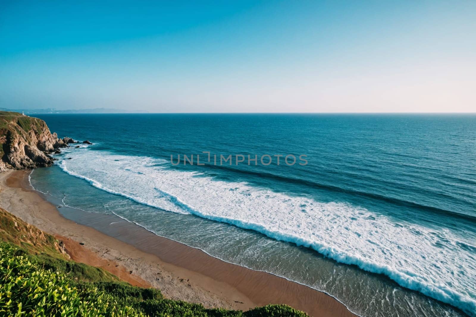 Step into an idyllic coastal haven with this captivating image of a sandy beach bordered by green cliffs. The charming white village perched on the hillside provides a picturesque backdrop, creating a perfect setting for a peaceful getaway by the sea.