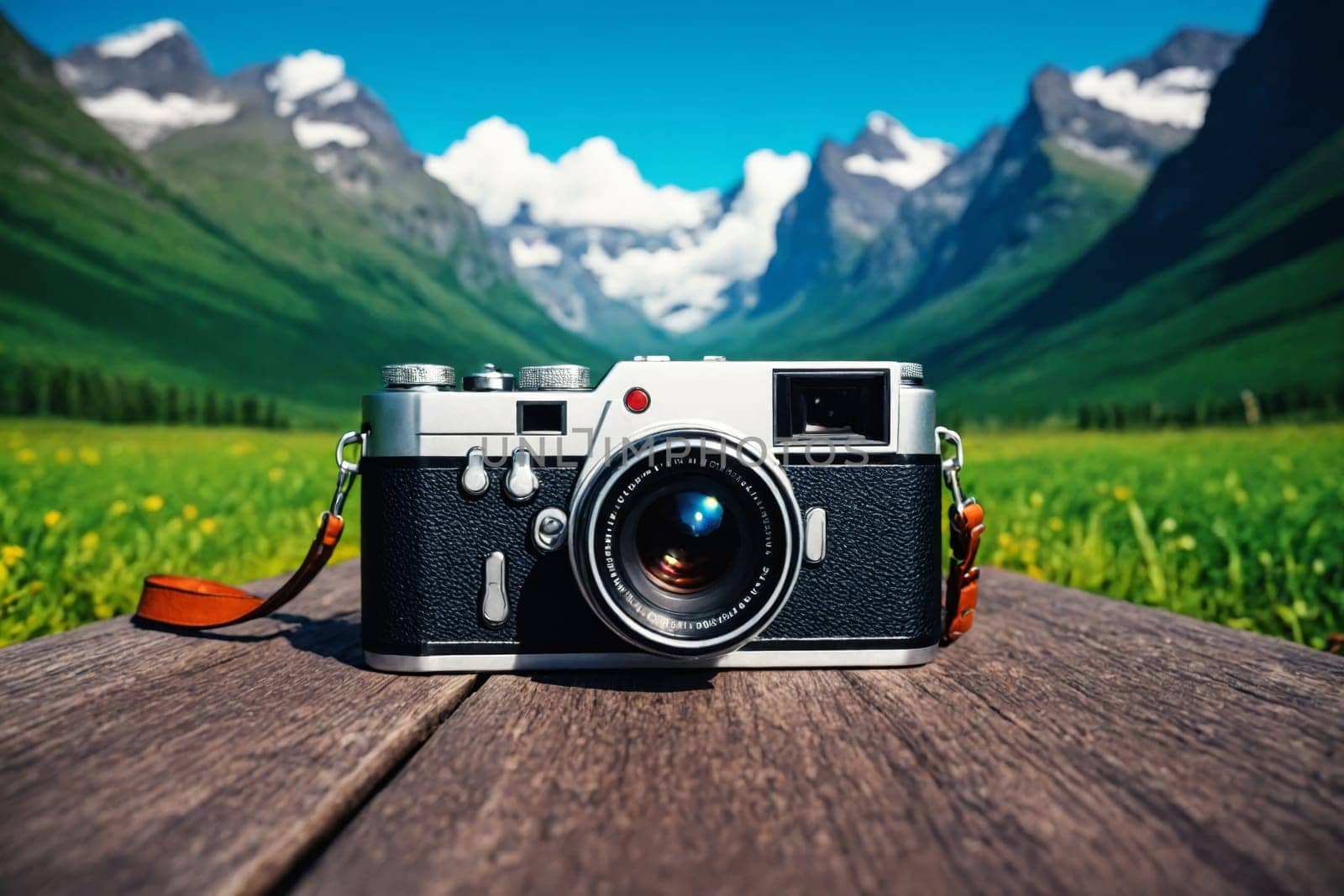 Step back in time with this nostalgic image of a vintage film camera placed in a scenic landscape.