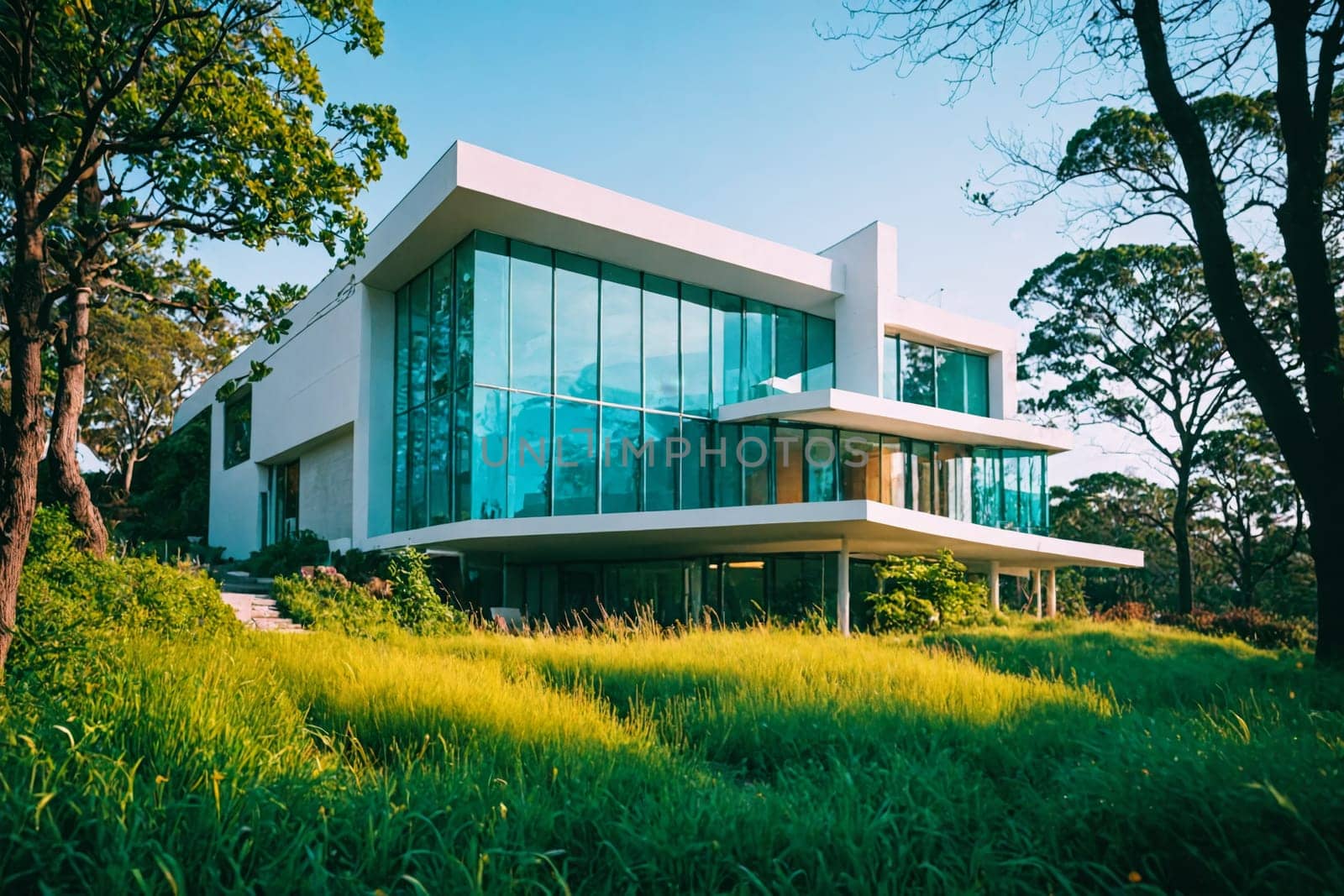 Contemporary architecture featuring a sleek glass house on a forested hillside, offering stunning views of nature.