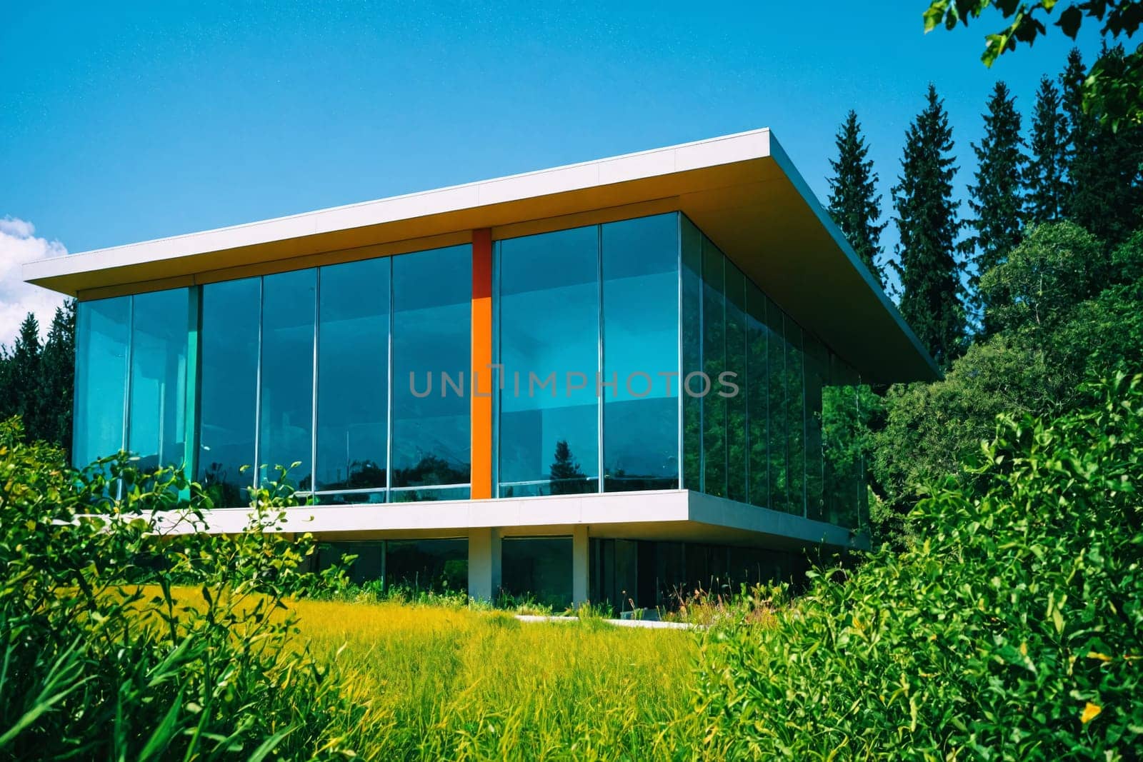 A minimalist glass house with large windows, situated in a picturesque forest with yellow flowers in the foreground.