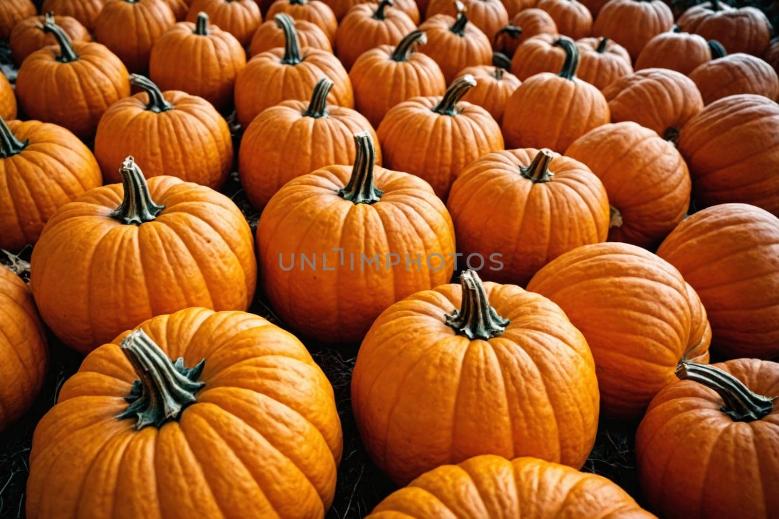 Bright orange pumpkins densely packed in a pumpkin patch, perfect for fall and Halloween themes.