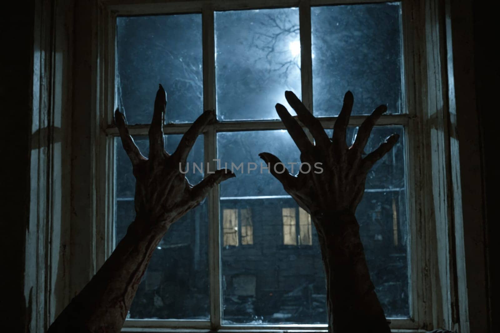 Creepy hands pressed against a window on a moonlit night, creating a chilling and eerie atmosphere.