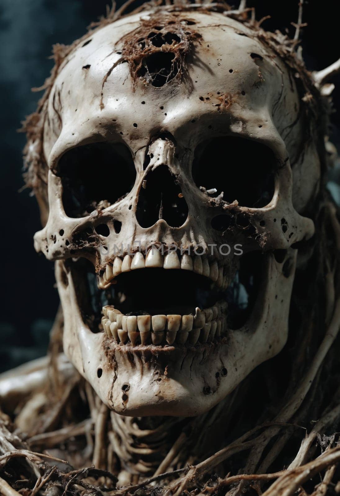 Dark, atmospheric sculpture of a skeleton enmeshed in plant roots, evoking themes of decay and nature.