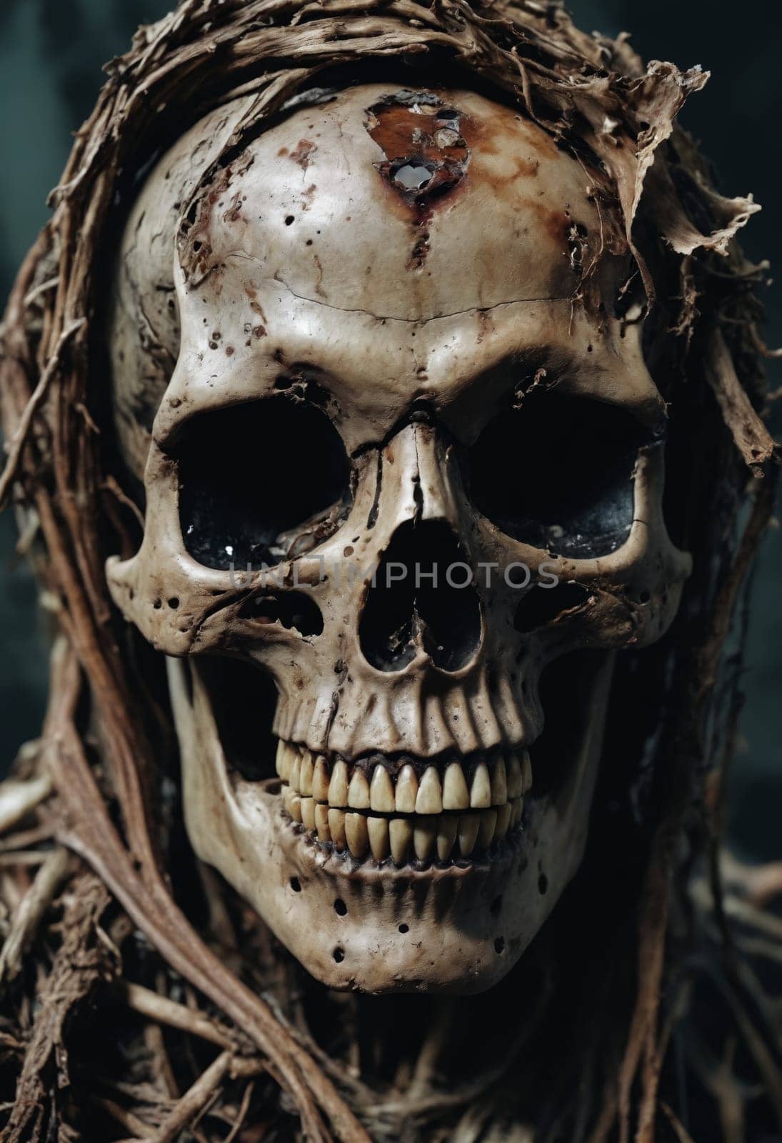Artistic portrayal of a skeleton wrapped in roots, symbolizing the intertwining of life and death in a dimly lit environment.