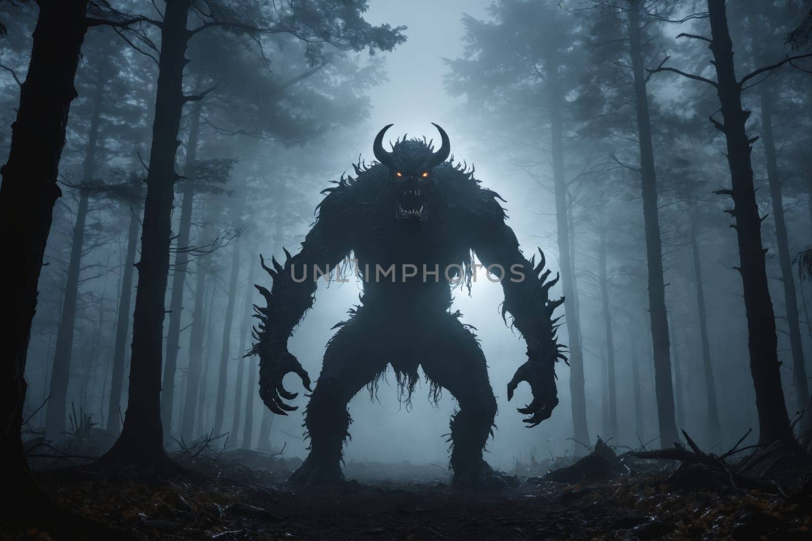 A giant beast with horns and piercing eyes emerges from the foggy depths of a dark forest.