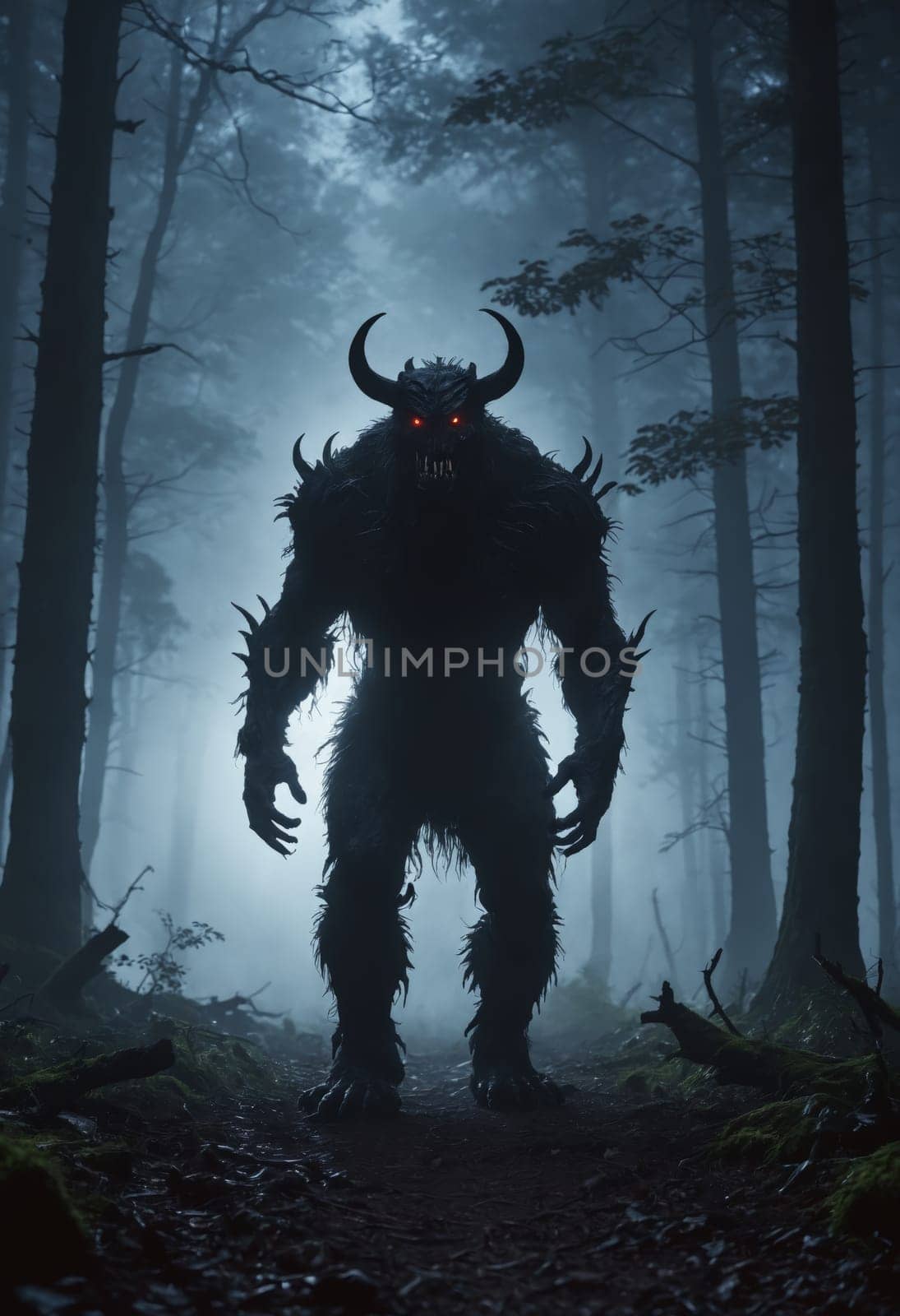 Eerie silhouette of a monstrous figure with horns and glowing eyes in a misty woodland setting.
