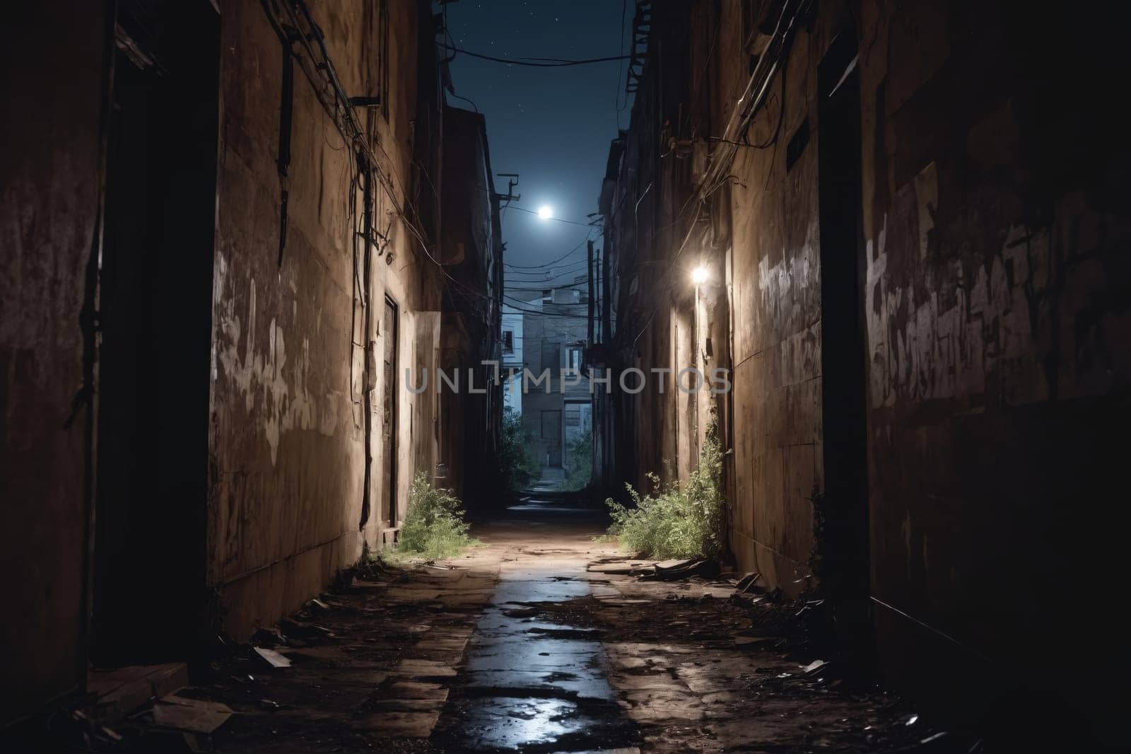Nighttime view of a desolate alleyway illuminated by street lamps, with the moon shining above.