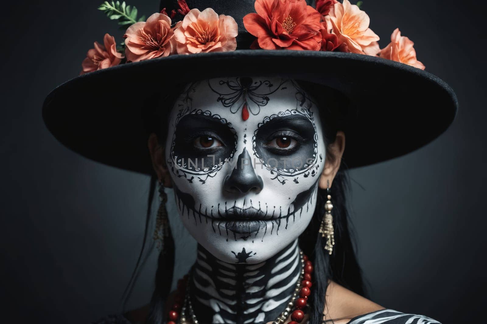 This image showcases a woman's face adorned with intricate Day of the Dead makeup and black hat, with a red rose in the background.