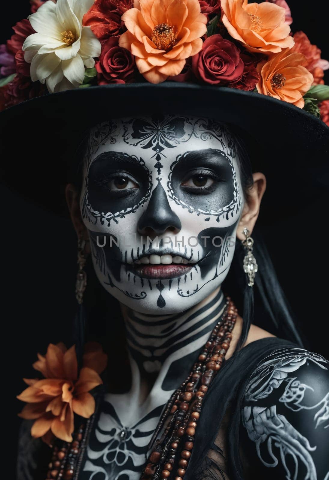 A person wears a black hat decorated with vibrant orange flowers and a black beaded necklace, showcasing a unique and artistic style.