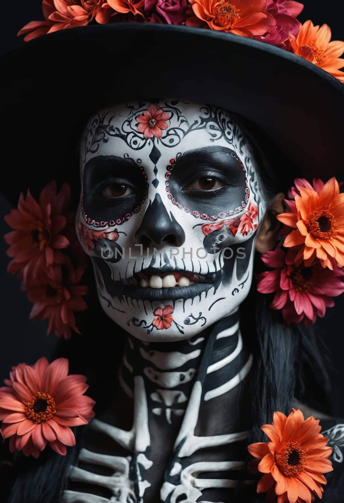 The image features a black hat adorned with orange flowers and a black necklace, blending nature and fashion in a striking visual.