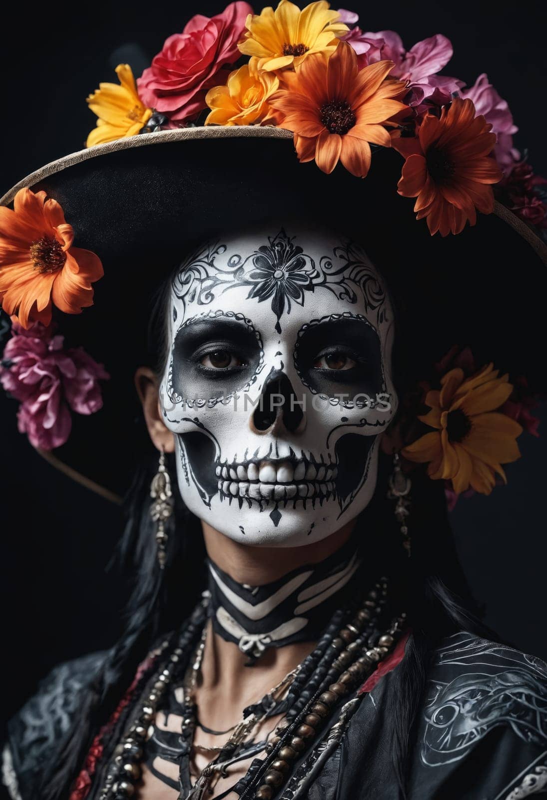 The image features a black hat adorned with orange flowers and a black necklace, blending nature and fashion in a striking visual.