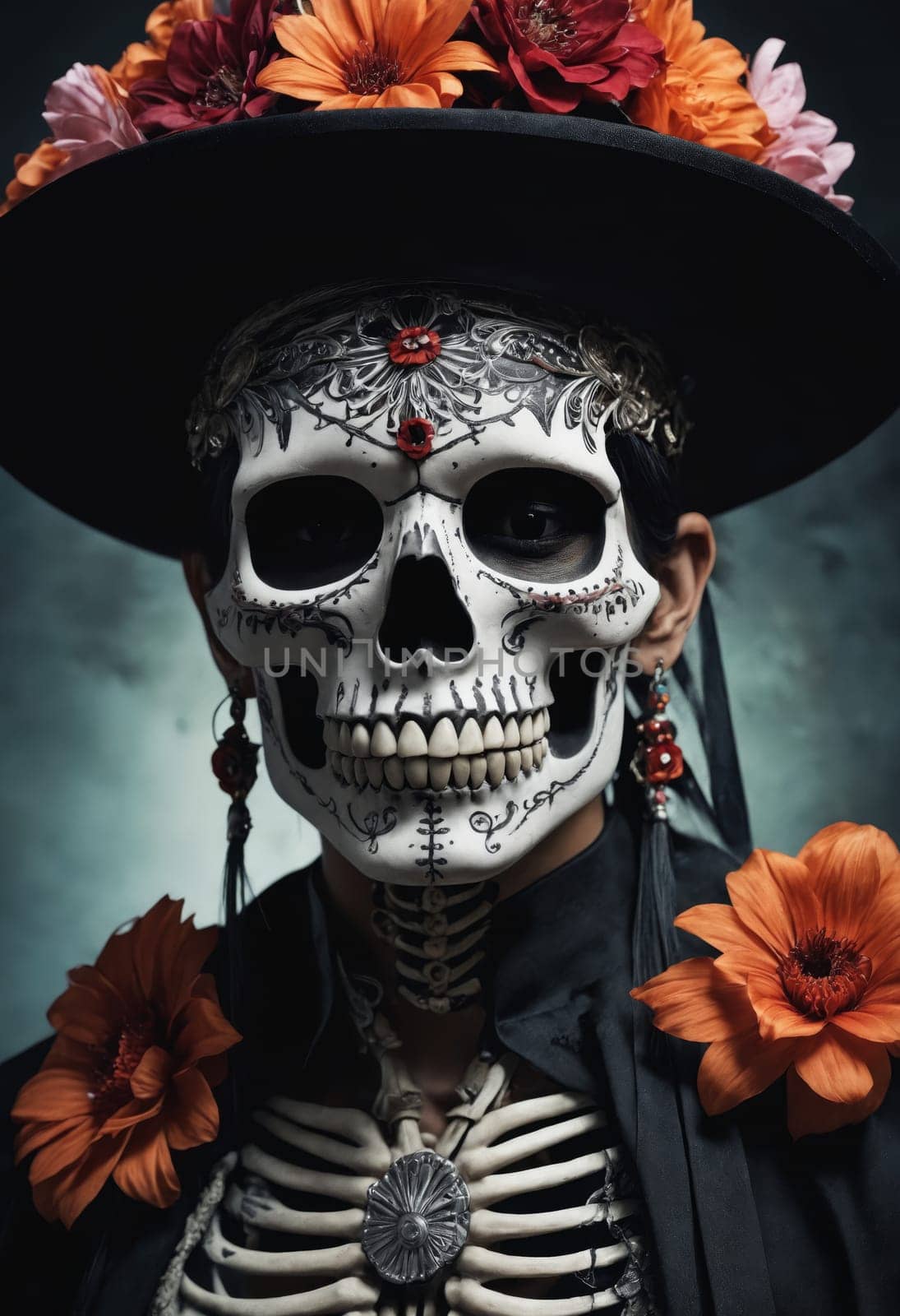 A stylish combination of a black hat with orange flowers and a black beaded necklace is prominently displayed, highlighting a creative and elegant look.