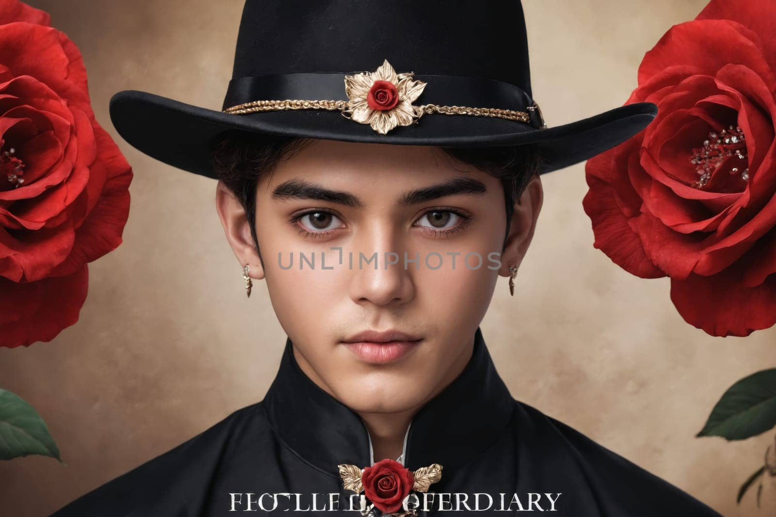 Featuring a black hat with red flowers and ornate earrings, this image captures a unique combination of nature-inspired fashion and sophisticated accessories.