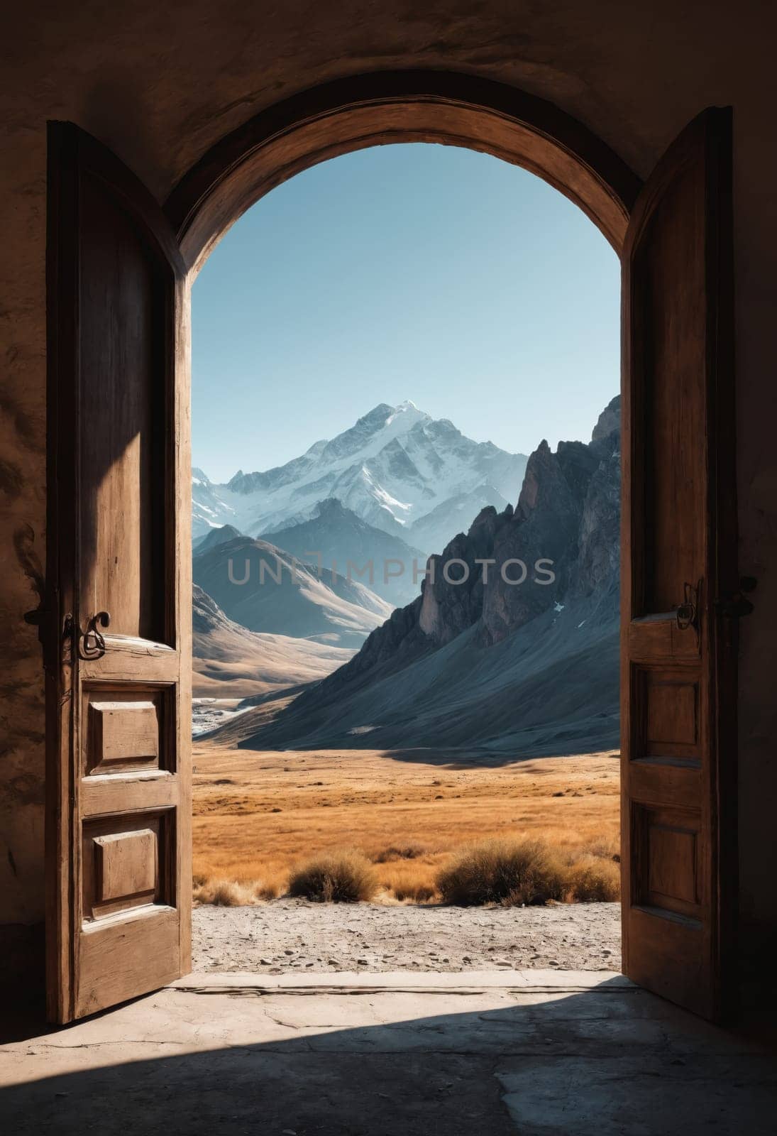 The image captures a stunning view of mountains through rustic wooden doors, creating a picturesque scene.