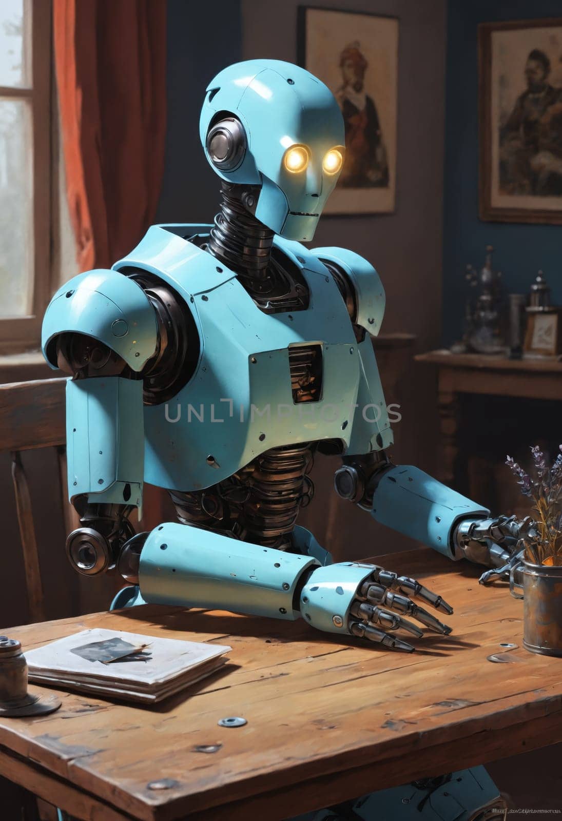 A sophisticated robot sits at a table, surrounded by a warm, inviting room setting, blending technology with comfort.