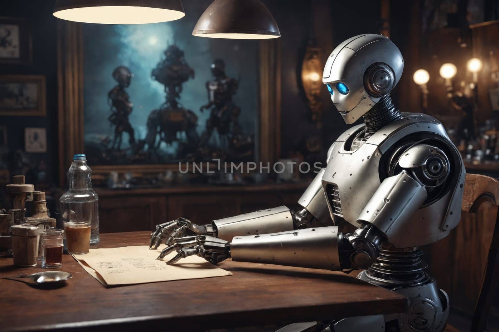 The image features a humanoid robot with glowing eyes, seated at a wooden table in a cozy, vintage setting with a drink.