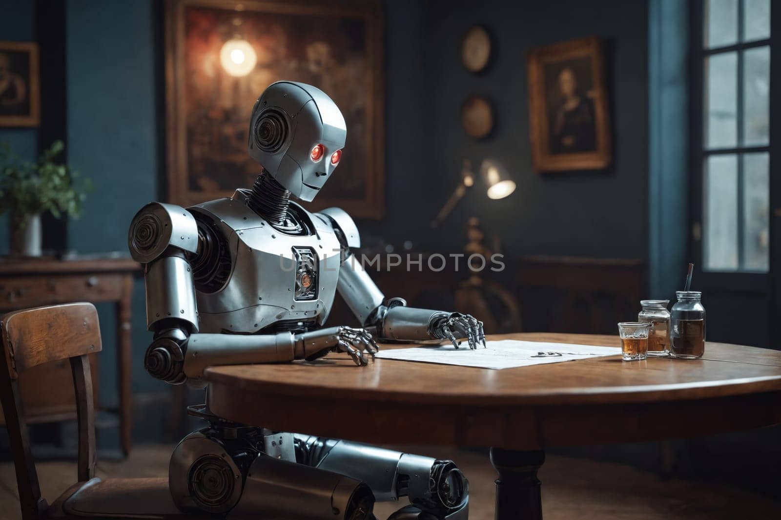 A sophisticated robot is shown sitting at a wooden table in a warm, inviting room, with a drink nearby.
