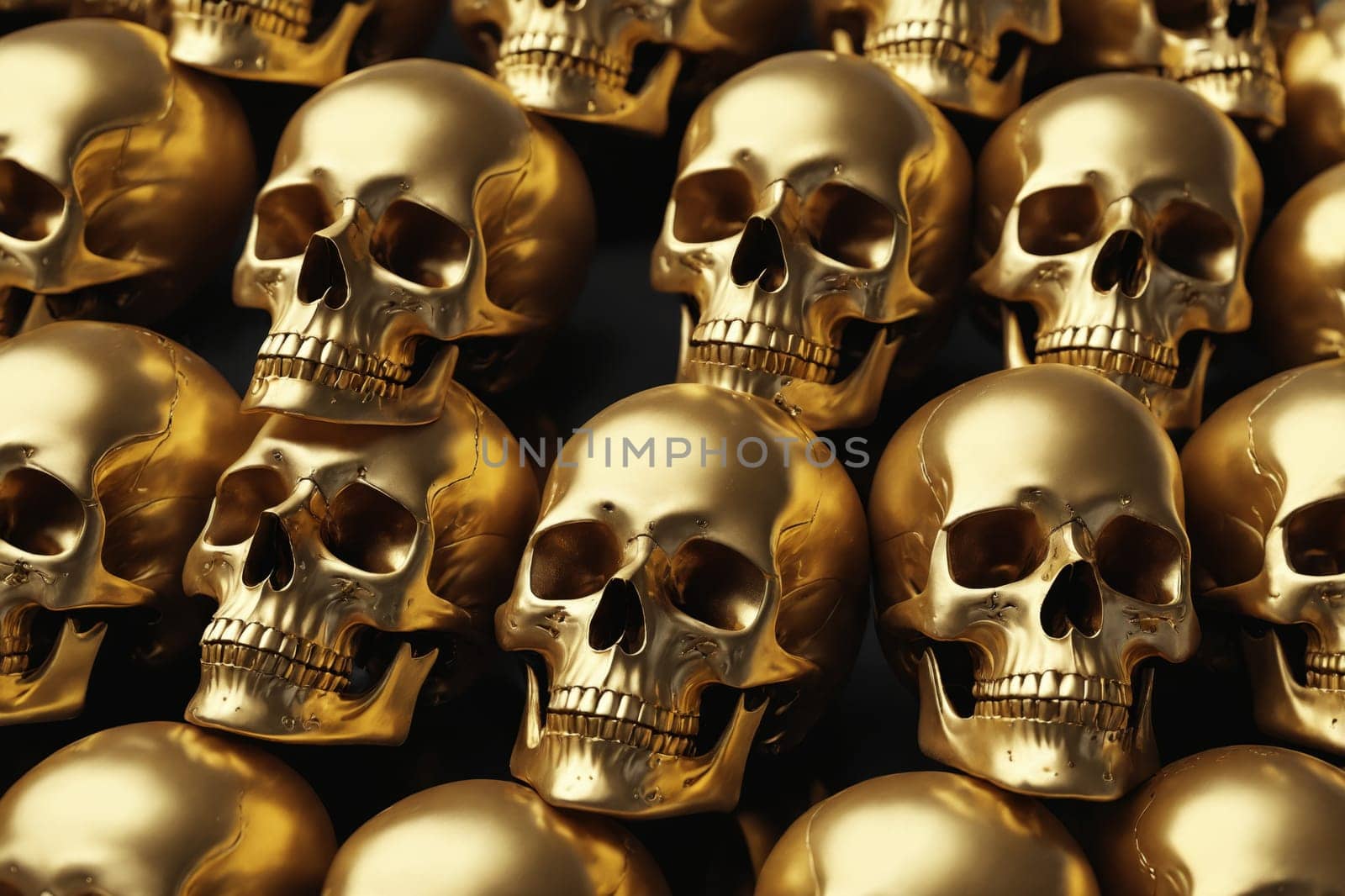 The image showcases multiple shiny golden skulls closely arranged, creating a captivating and reflective display.