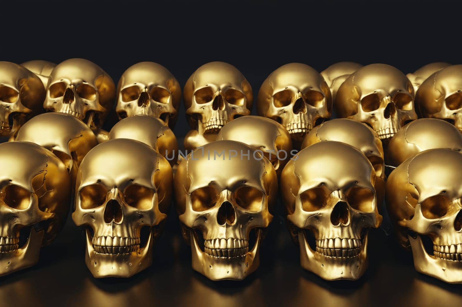 The image showcases multiple shiny golden skulls closely arranged, creating a captivating and reflective display.