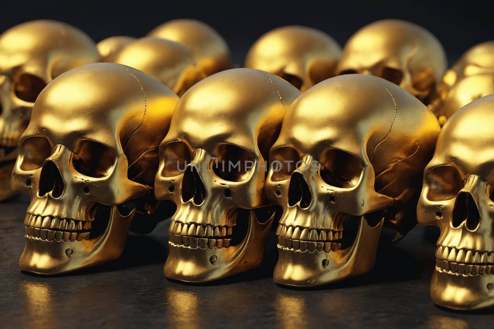 An array of polished gold skulls is featured, highlighting their intricate details and reflective surfaces.