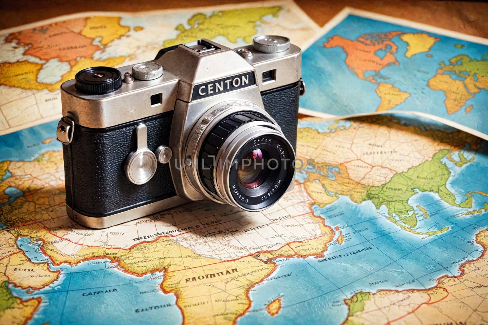 A retro camera is displayed on a detailed map, highlighting the themes of exploration and capturing memories.