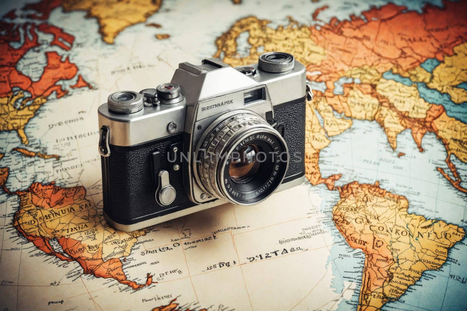 The image features a vintage camera set on a world map, blending travel and photography in a nostalgic scene.