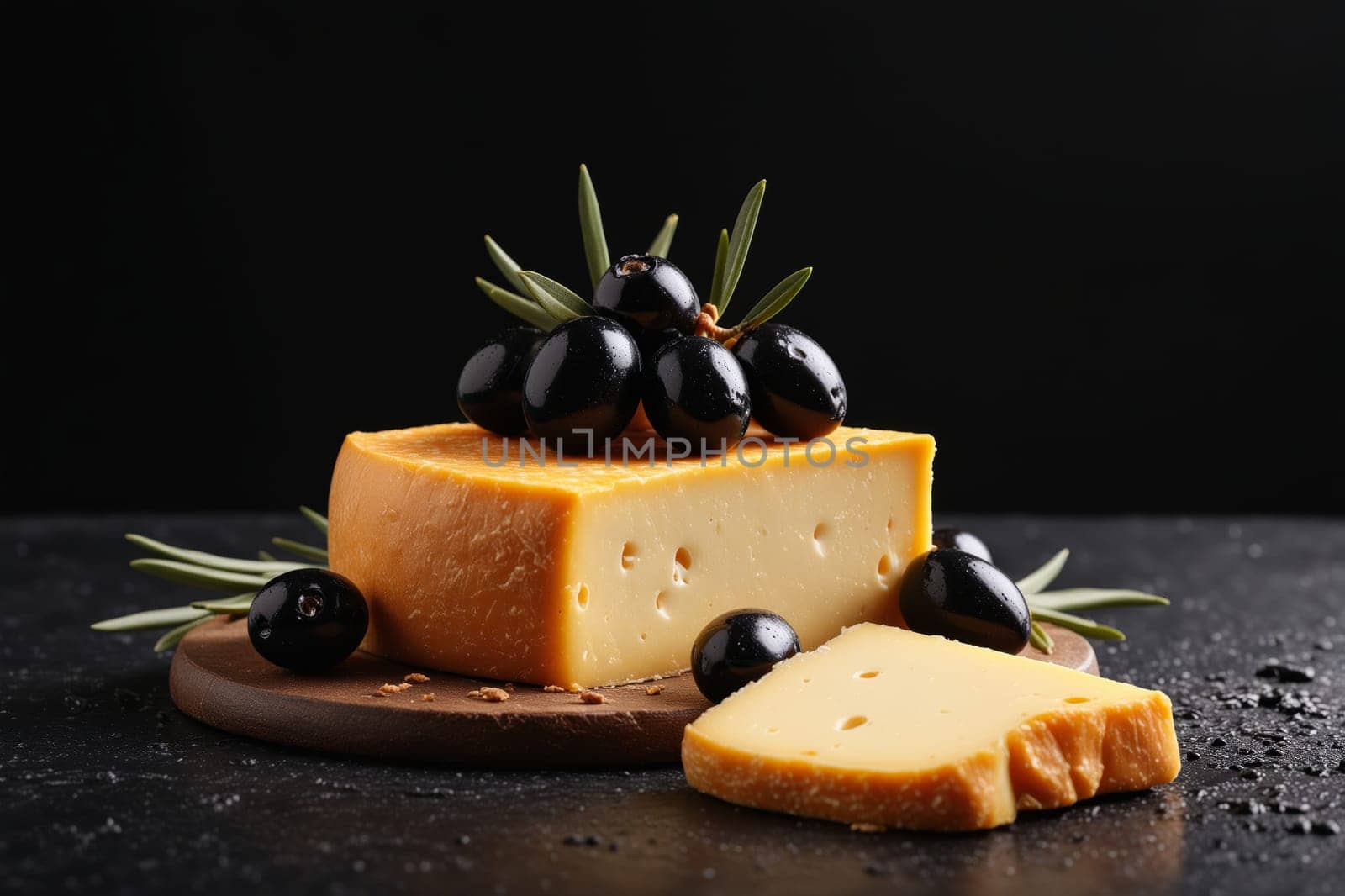 Delicious cheese and olive arrangement on a black slate, perfect for a sophisticated snack or appetizer.
