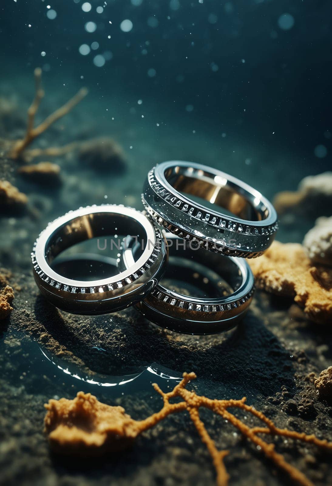Luxurious gold rings with intricate diamond details showcased on a sandy seabed, highlighting their elegance and craftsmanship in a unique underwater scene.