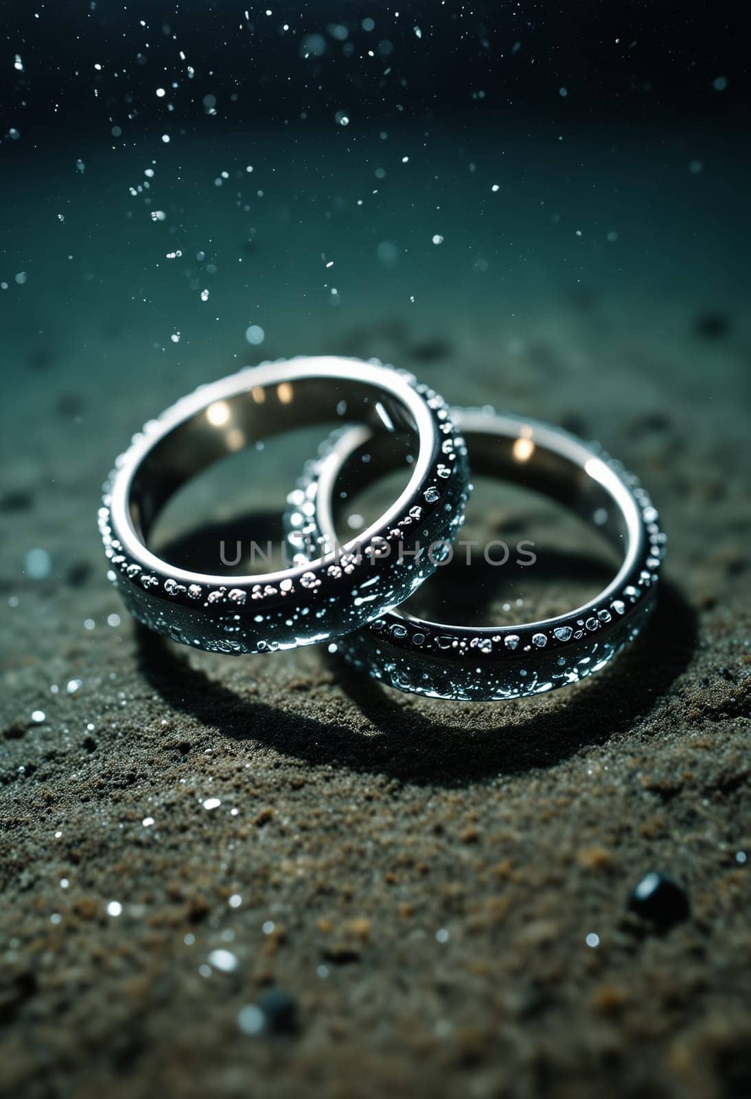 Exquisite gold wedding bands, one featuring intricate diamond details, beautifully presented in a stunning and artistic setting.