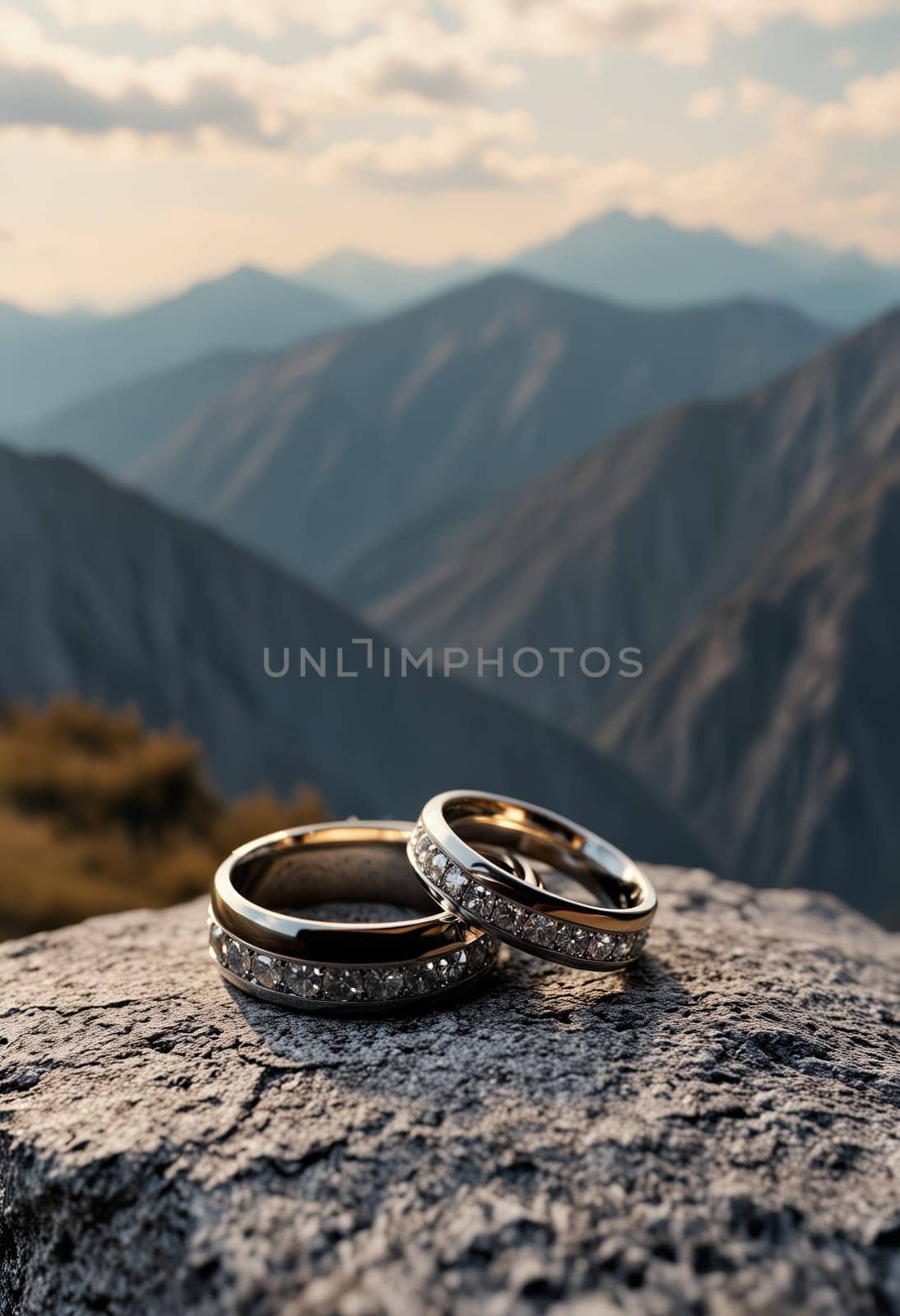 A pair of elegant gold wedding bands resting on a rocky outcrop, beautifully set against a stunning mountainous background.