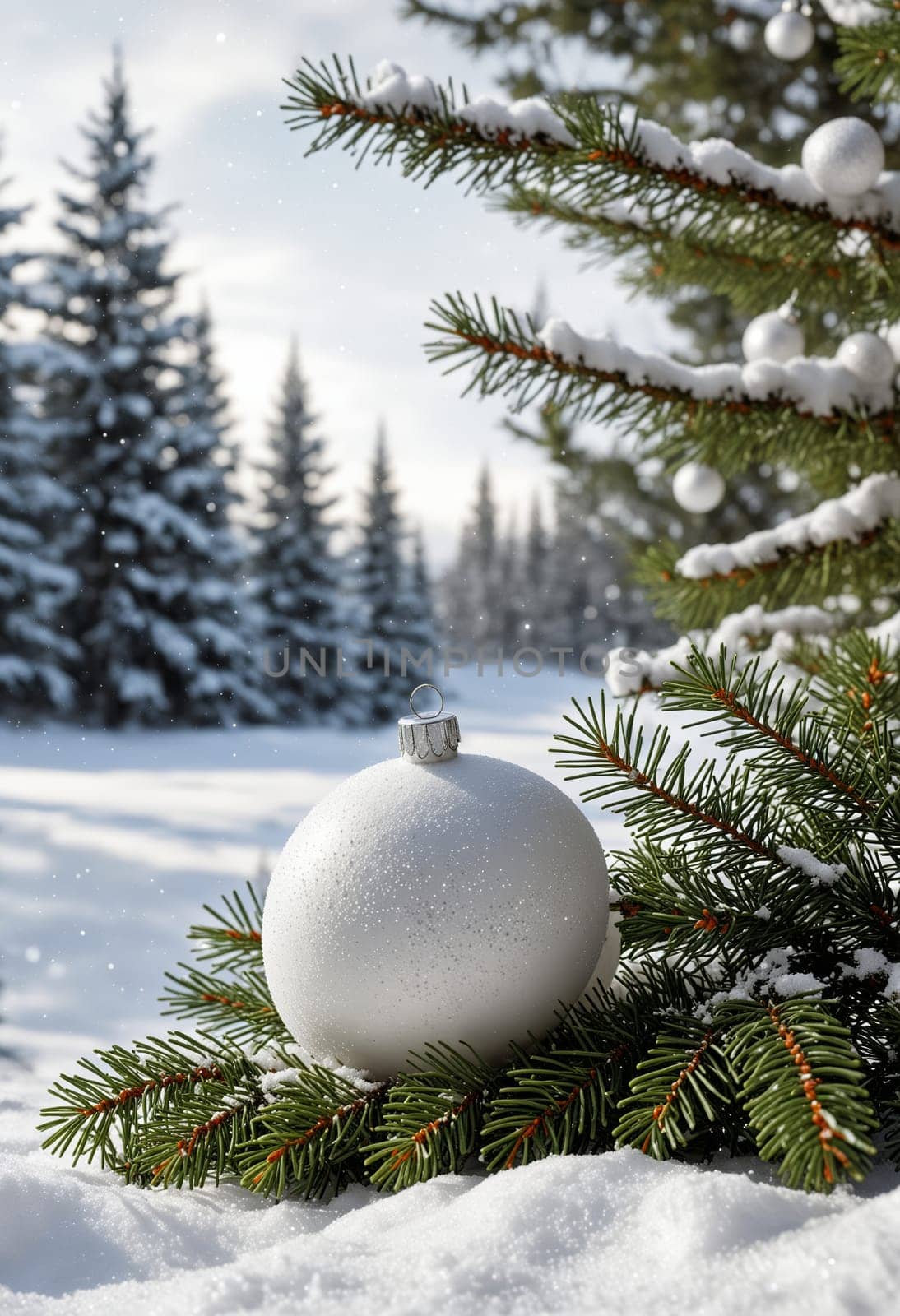 A white Christmas ornament sits nestled amongst the evergreen branches of a pine tree. The background shows a snowy forest with snow-covered trees and a bright, sunny sky.