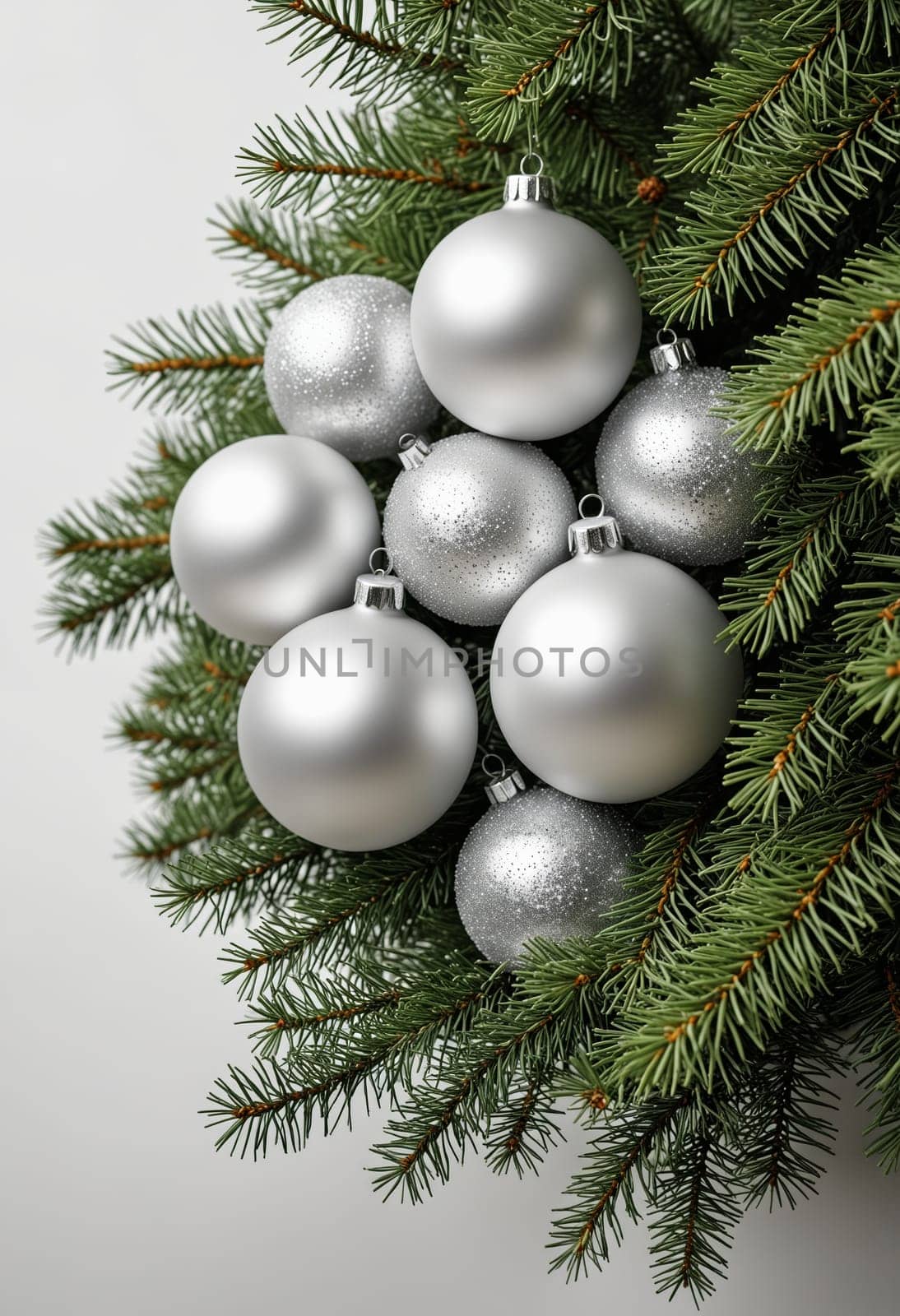 A close-up image of four silver Christmas ornaments resting on a bed of evergreen branches. The ornaments are perfectly round and have a smooth, reflective surface. The branches are green and lush, adding a touch of holiday cheer to the scene.