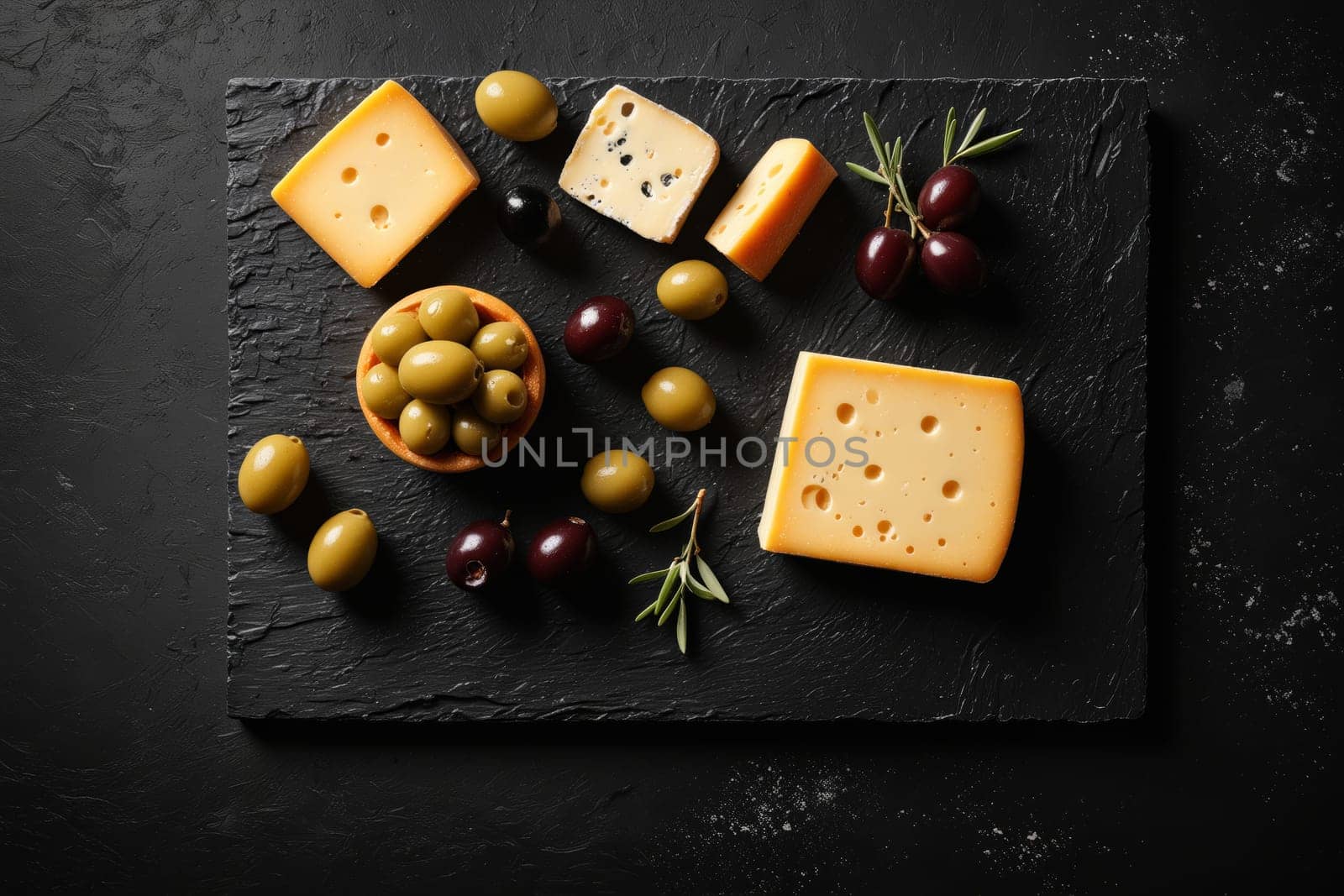 A black slate board is adorned with a selection of cheeses, including a wedge of blue cheese, a square of Swiss cheese, and two slices of a softer, buttery cheese. Green olives, some whole and some sliced, fill a small bowl beside the cheeses, and a sprig of rosemary adds a touch of fresh greenery. The board sits on a dark background, creating a simple and elegant presentation.