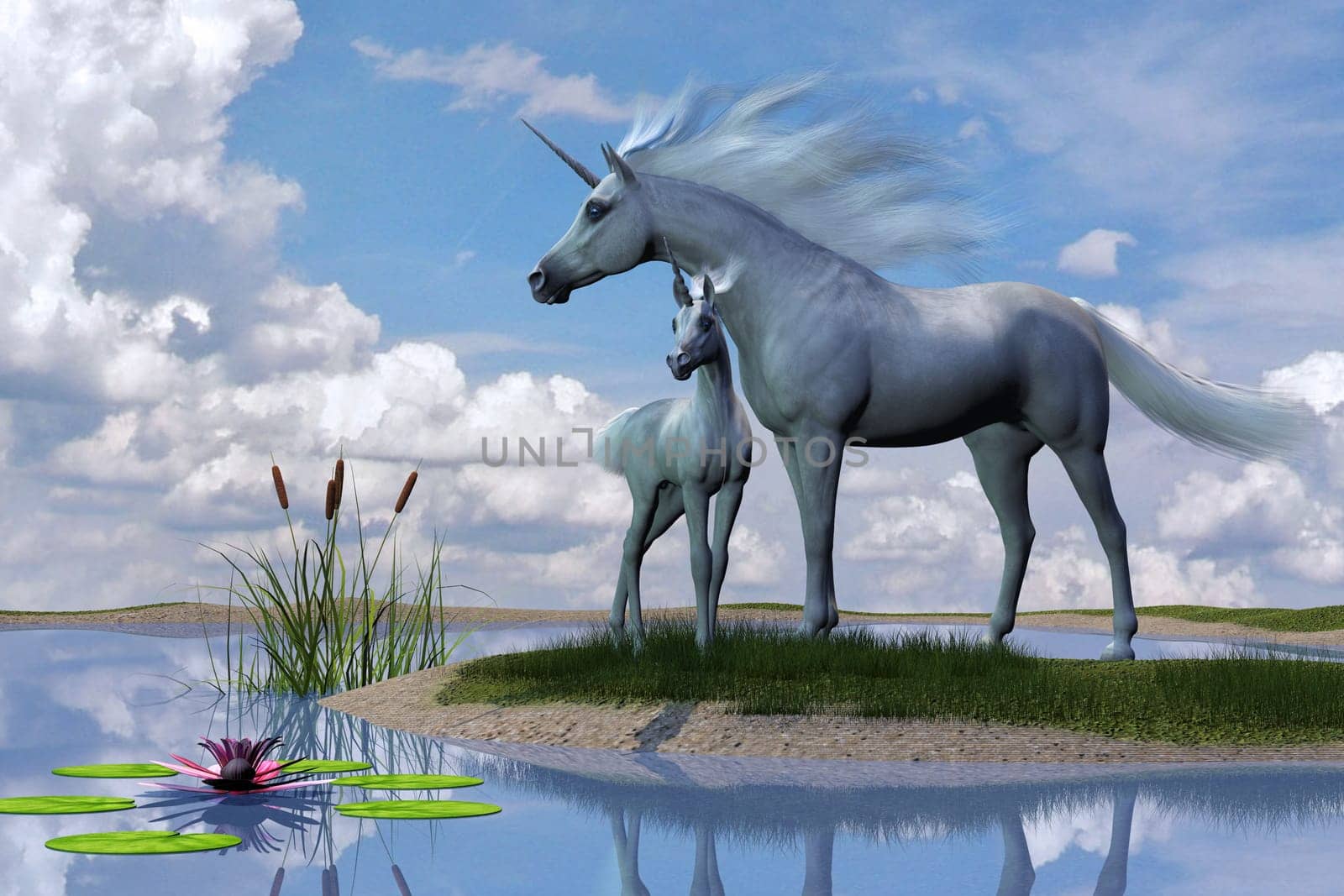 A white Unicorn mother stands by a pond with her filly by her side.